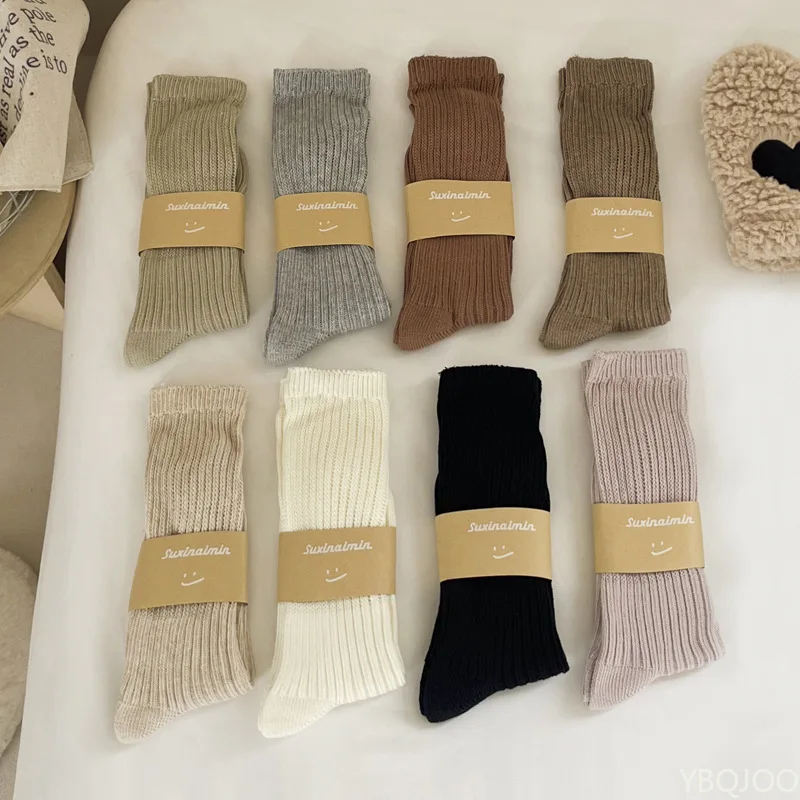 

8 pairs Women's Spring Autumn Fashionable Versatile Solid Color Long Tube Stacked Socks Casual Simple Retro Middle Tube Socks