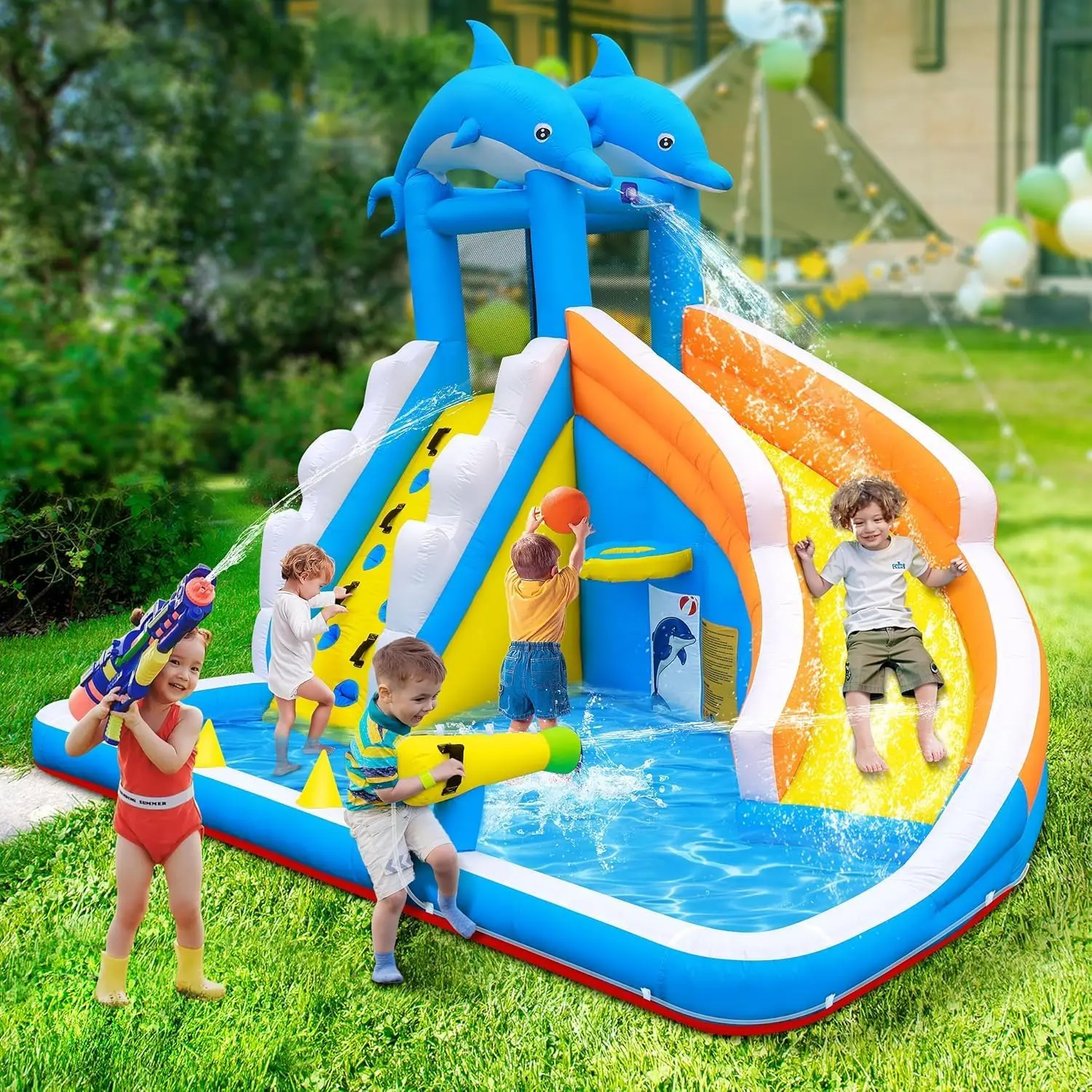 Corrediça de água inflável, casa inflável do salto do golfinho 5 em 1 para crianças-escalada parede respingo piscina canhão de água aro de basquete-