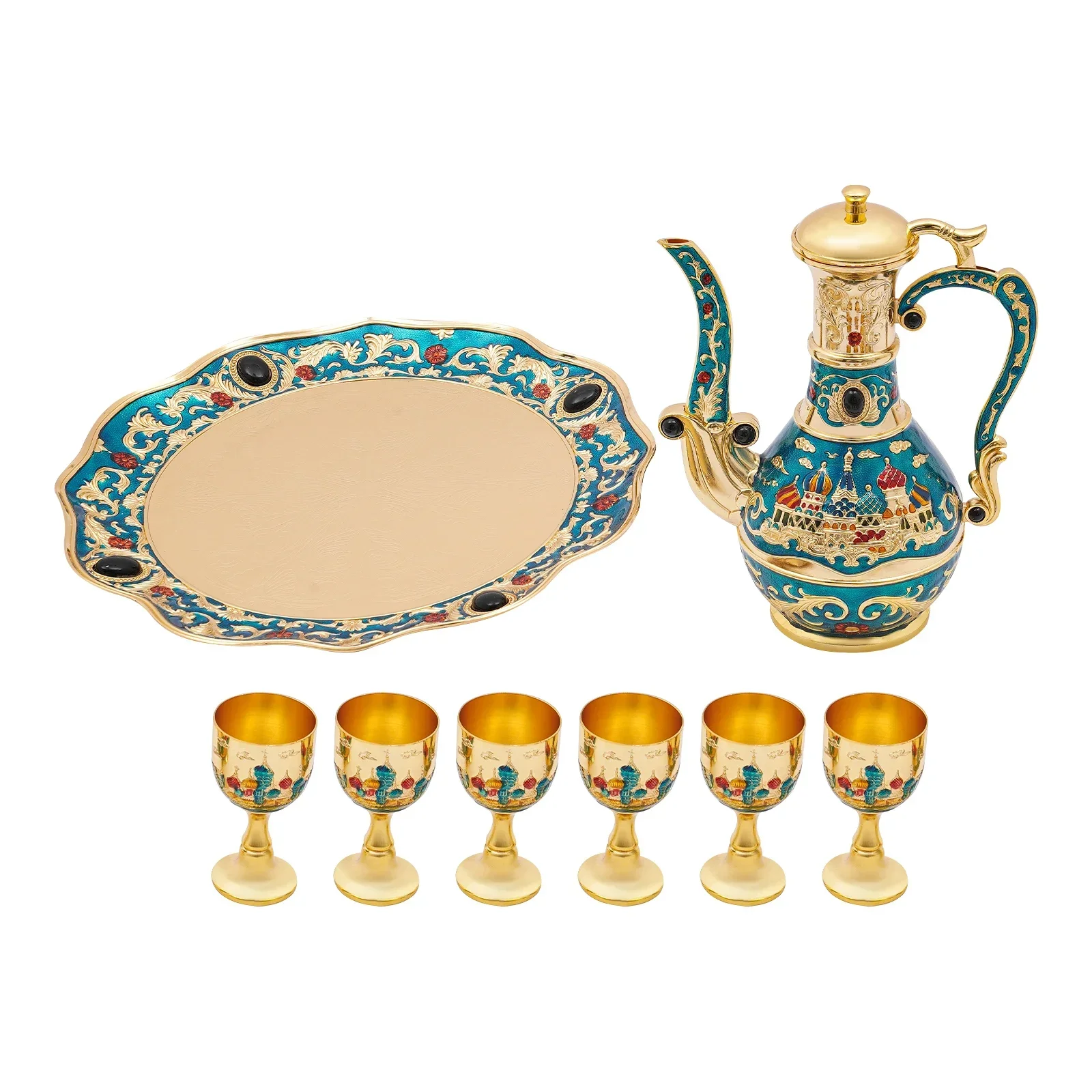 طقم إبريق قهوة تركي عتيق 6 أكواب من سبائك الزنك الذهب والفضة والشاي الأزرق صينية خدمة سعة 800 مل للديكور المنزلي