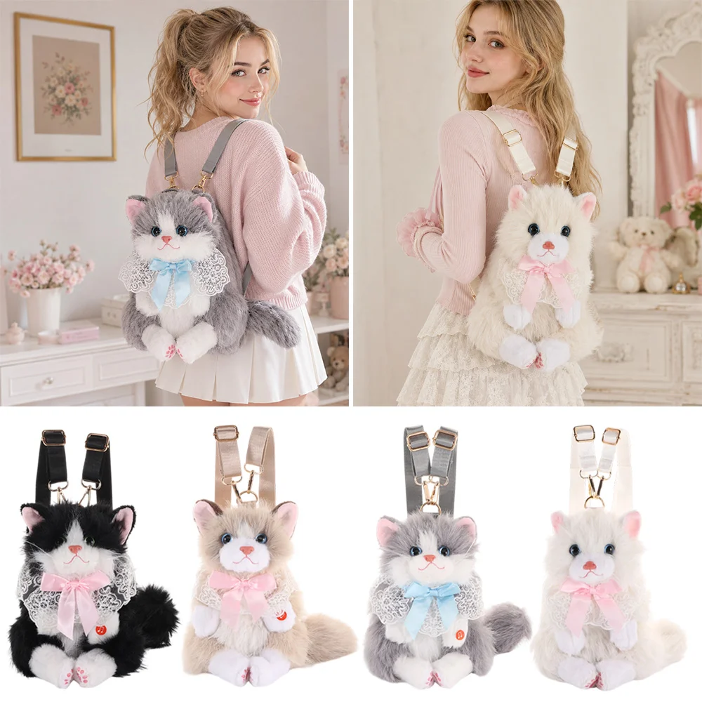 New Realistic Cat Simulated Puppet Cat Backpack Soft Fluffy Cute Cartoon Cat Backpack Doll Backpack Travel Storage