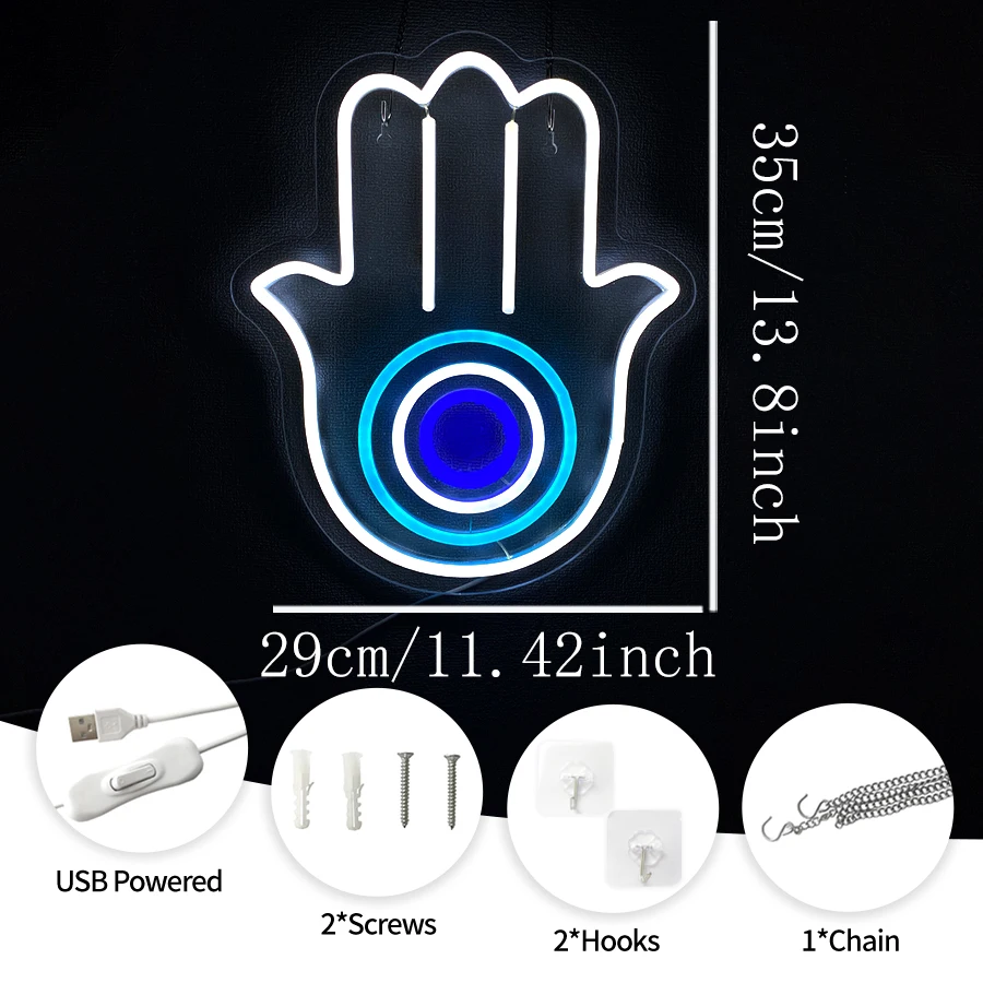 Hamsa Hand Evil Eye Neon Sign USB LED Wall Light for Bedroom Meditation Space Living Room Yoga Spa Boho Aesthetic Home Decor