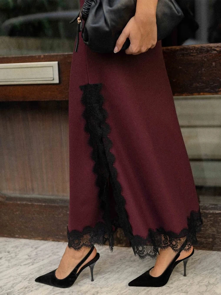 

Elegant A-line Midi Skirt Women High Waist Side Slit Lace Trim Gray Slim Fit Casual Skirts 2026 Chic Daily Wears New Skirts