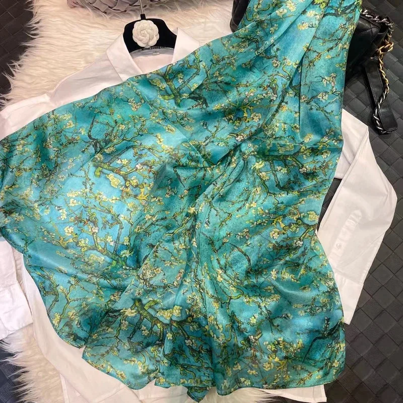 Mulberry Silk Scarf Shawl Brand Plum Bossom Design Blue Green Summer Beach Silk Shawls Scarfs Fall Winter Neck Head Scarf