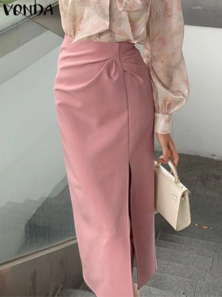 

Skirt Women Summer High Waist Pleated Fashion Elegant Split Midi Skirts 2023 VONDA Casual Solid Color Loose Streetwear Bottoms