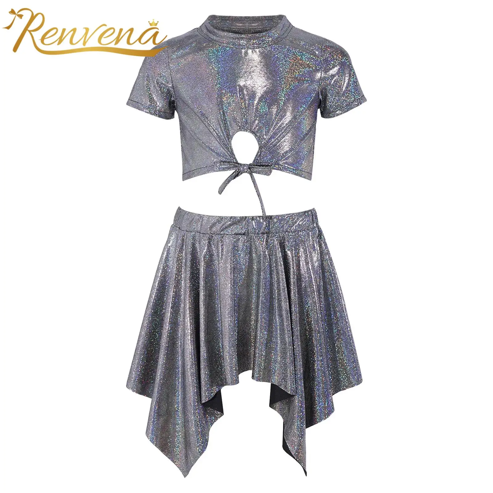 Kids Disco Festival Cheerleading Perfromance Costume Childs Shiny Street Jazz Dance Outfit Girls Metallic Hip Hop Costume