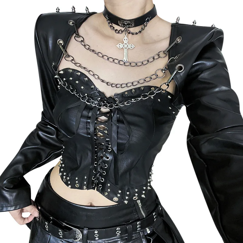 2025年新作 ダークスタイル 取り外し可能チェーン クロスカラー タイベルト ウエストチェーン レザー ストラップレス トップス レディース服