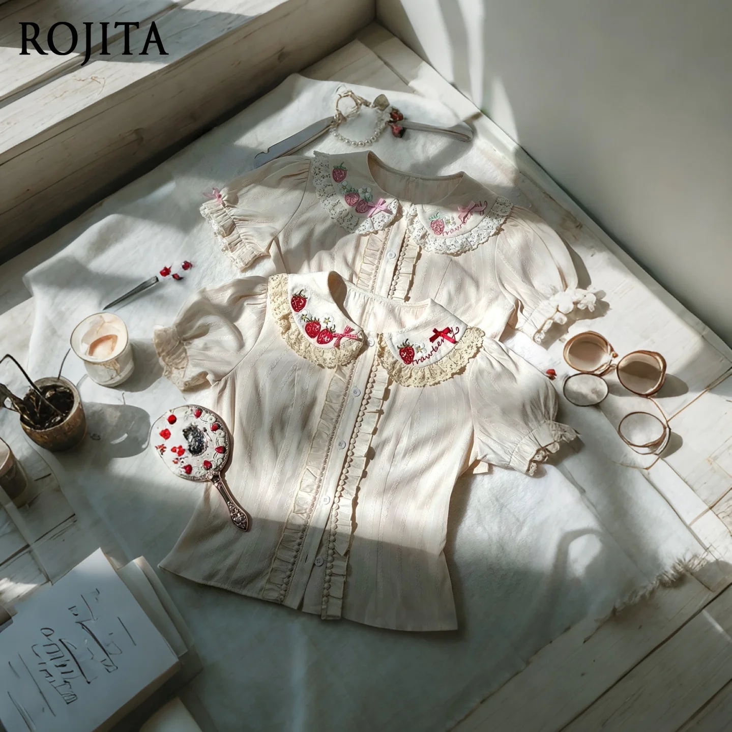 

Lolita Short Sleeve Shirt 2026 New Lolita Summer Inside Strawberry Embroidery Red Pink Women Tops Shirts