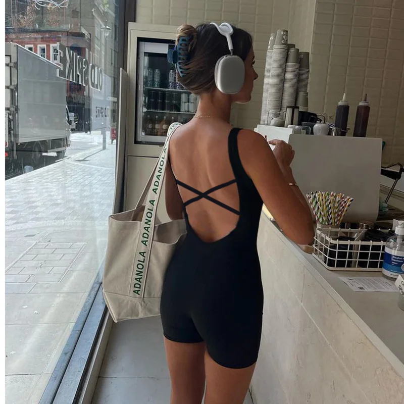 Women One Piece Yoga Suit Street Solid Black Square Neck Cross Cut Hollow Backless Lace Up Sports Jumpsuit Yoga Fitness Set