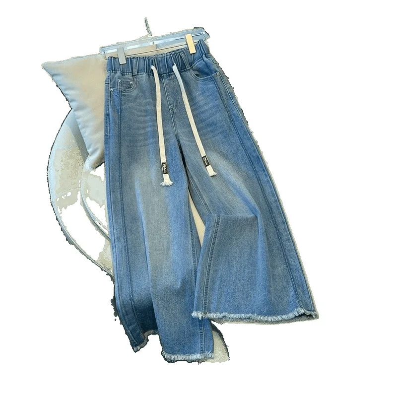 Jeans femininos de cintura elástica com pernas largas – calças jeans cortadas retas de cintura alta para conforto e estilo casual de verão