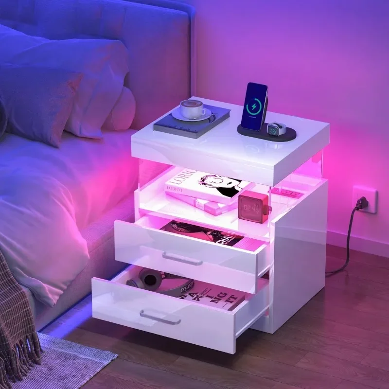 White Night Stand com estação de carregamento e luzes LED, inteligente Nightstand com gavetas, prateleira aberta, madeira