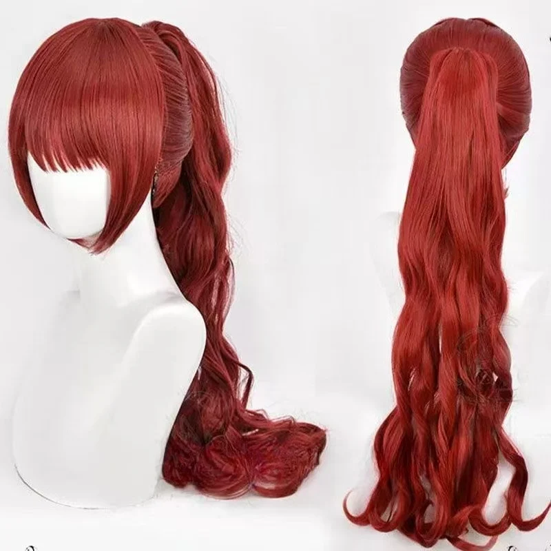 Peluca de cosplay de Yoshizawa Kasumi de Persona 5 Royal, rojo vino, larga, ondulada, con coleta y clip de tigre, resistente al calor, sintética.