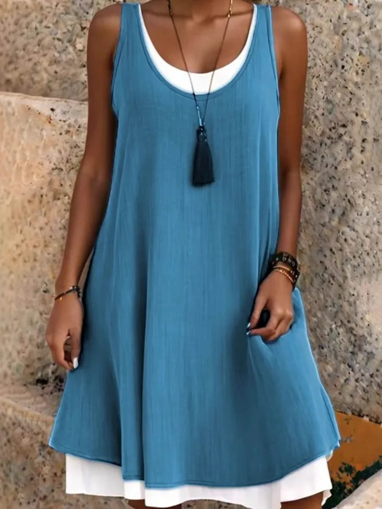 Uoozee Women Contrast Color  Fake Two Piece U-Neck SleevelessA-Line Dress 2026 New Summer Casual Loose Daily Midi Dresses