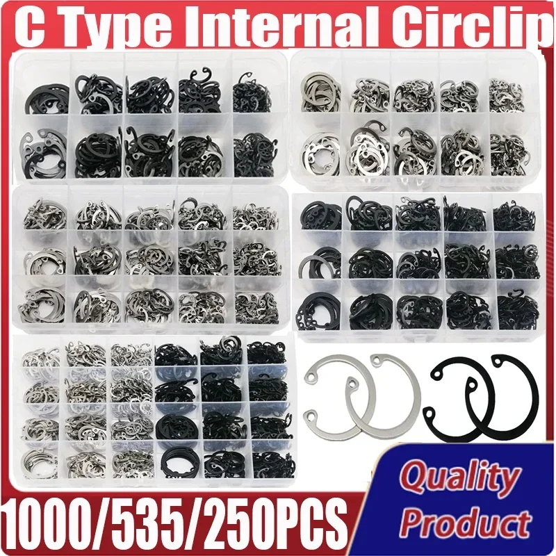 

1000/535/250PCS M8-M24 304 Stainless Steel Black Steel C Type Internal Circlip Retaining Clip Snap Ring for Hole Assortment