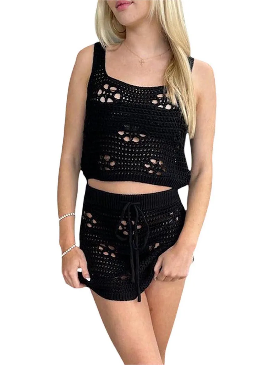 Y2K Crochet Knit Skirt Set for Women Clubbing 2 Piece Outfits Cute Going Out Matching Sets Hollow Out Beachwear (G-White L)