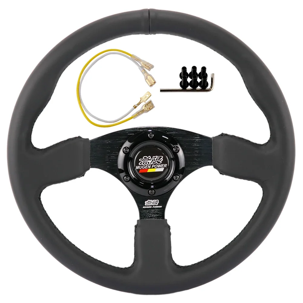 MUGEN 14inch Leather Racing Sport Flat Steering Wheel fit for MOMO NRG SPARCO HKB Boss Kit Hub