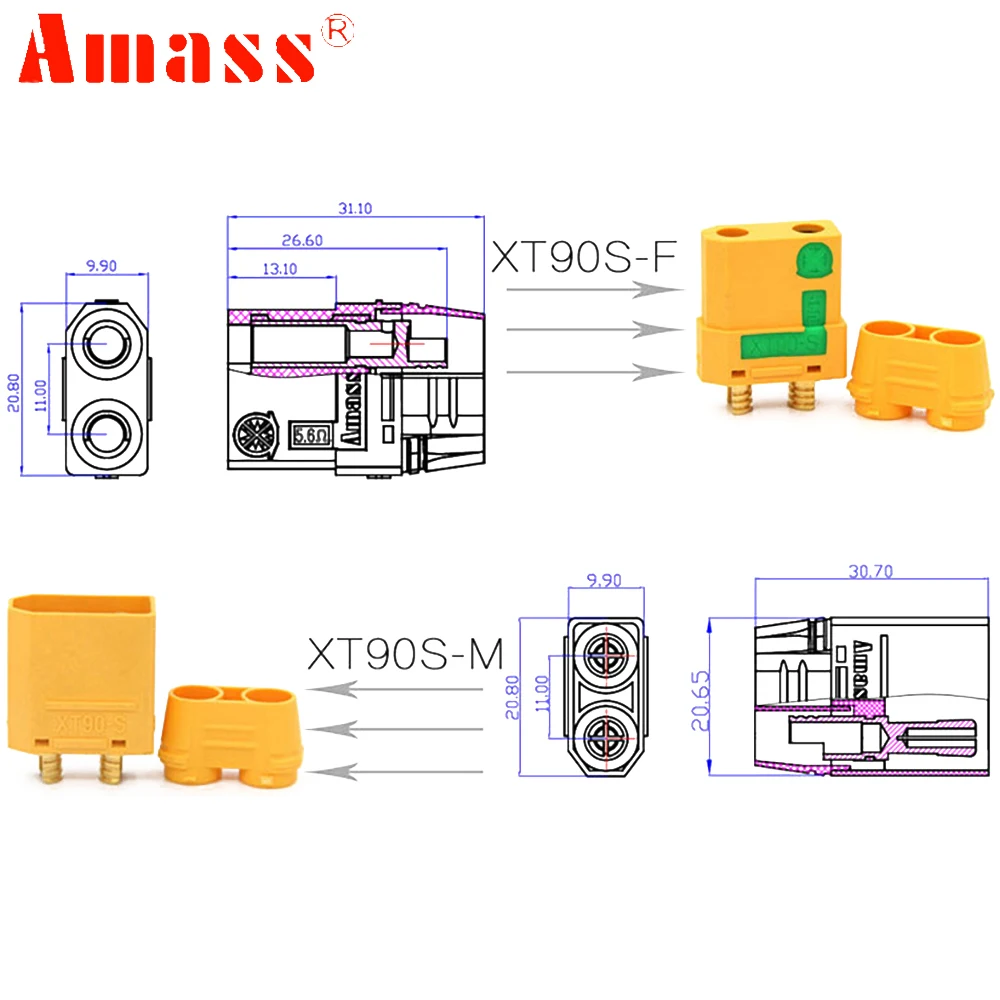 Amass XT90S XT90-S Bullet Connector Male/Female Anti Spark For Lipo Battery Connector FPV Drone Quadcopter Car Truck Toys