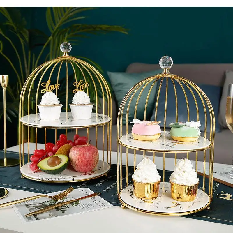 Golden Marble Tableware Dessert Plate Ceramic Double Cake Tray Cosmetic Desktop Storage Afternoon Tea Display Rack