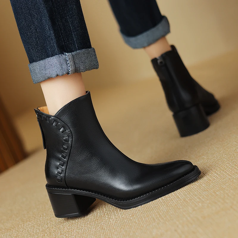 2024 New Women Ankle Boots Autumn Winter Thick High Heels Pointed Toe Mature Office Lady Side Zipper Shoes Woman Retro Style