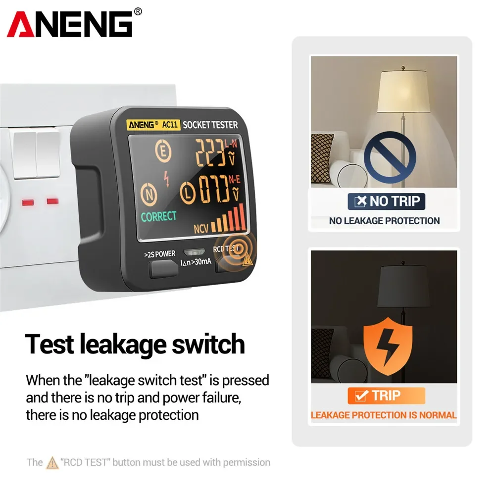 ANENG AC11 Digital Socket Tester Built-in NCV Detector RCD Leakage Polarity  Checker Portable Home Circuit Safety EU US UK Plug