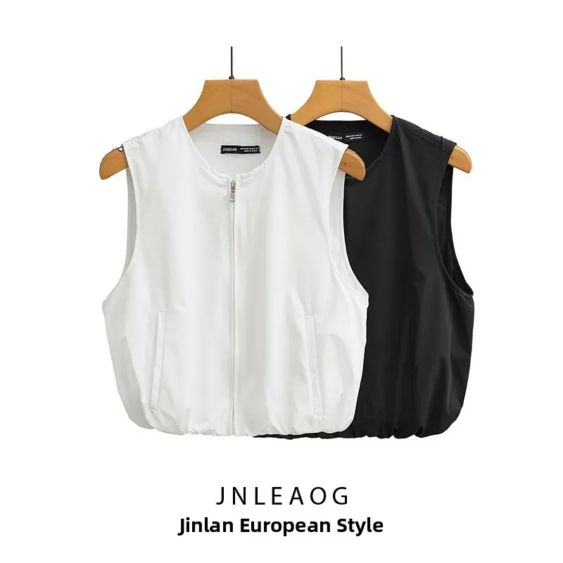 

JNLEAOG Весенняя новинка: Женский модный жилет с расклешенным подолом, из полиэстера, свободного кроя, с круглым вырезом и застежкой-молнией