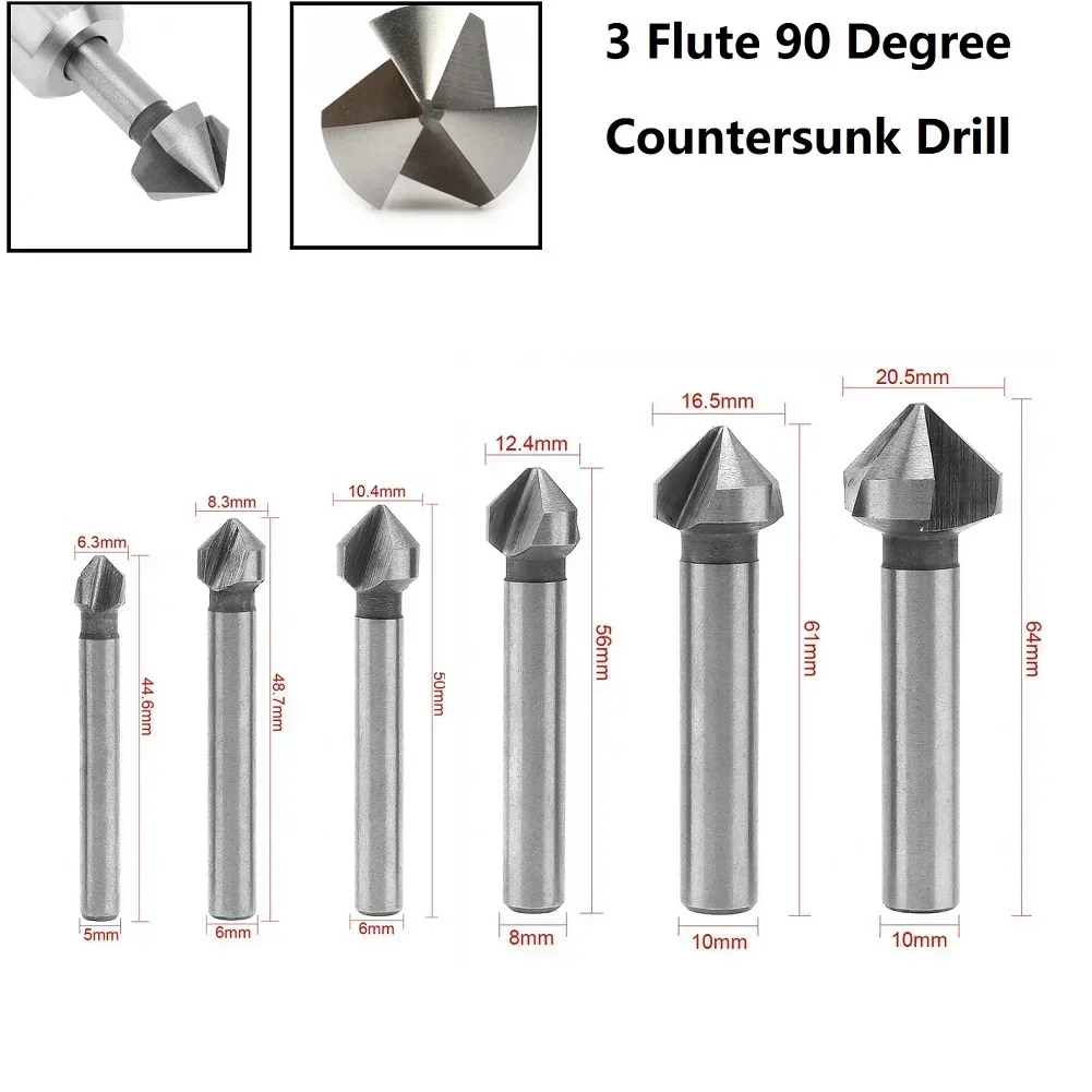 3 Flute Countersink Drill Bit 90 Degree Chamfering Tool HSS Countersunk Drill Chamfer Cutter 6.3/8.3/10.4/12.4/16.5/20.5mm