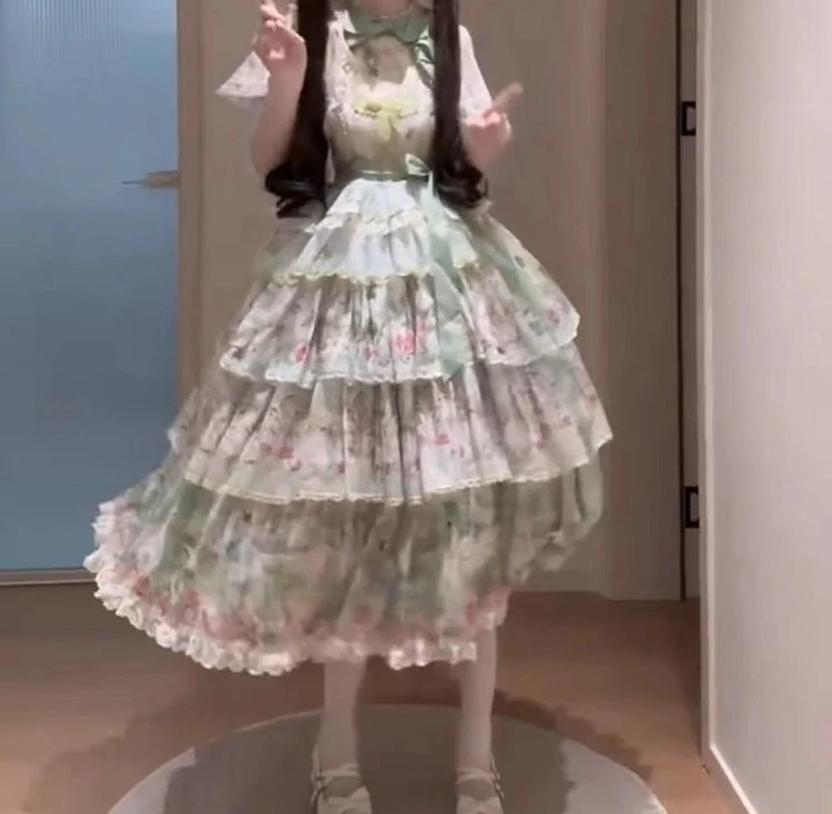 그린 파스토럴 스타일 JSK 숄 우아한 로리타 데일리 LO 드레스 데일리 드레스 JSK 스트랩 드레스 + 숄 + 헤드스카프 풀세트