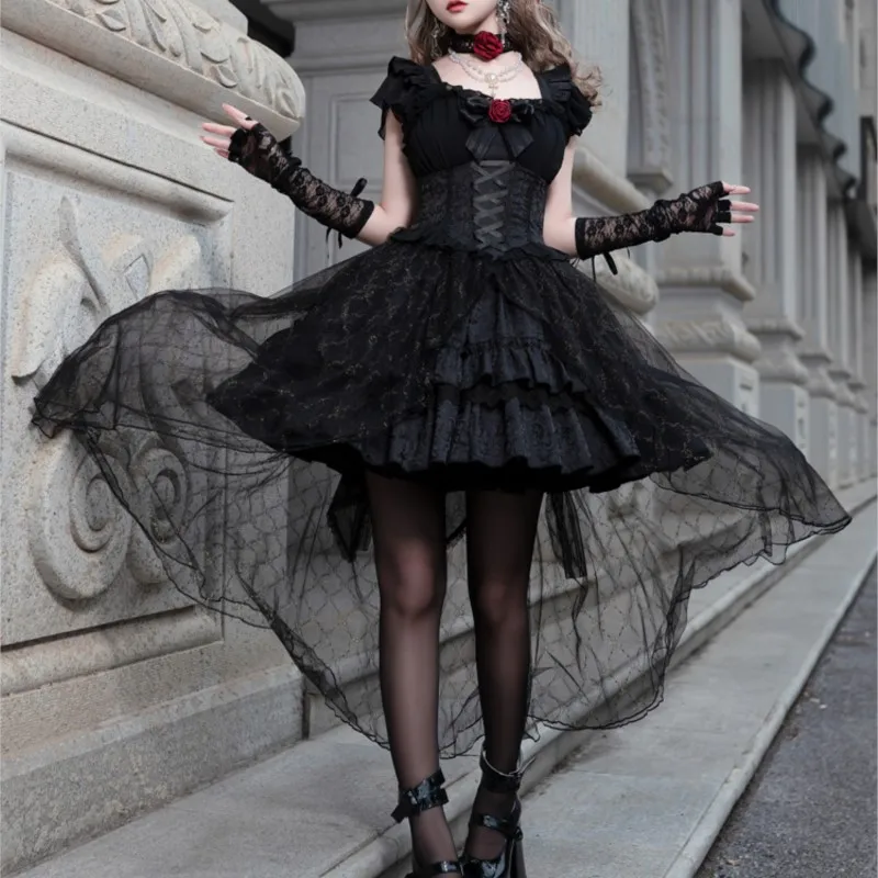 

Dark Lolita Gothic Style Halloween Wear Short Sleeve Pettiskirt Black Dress