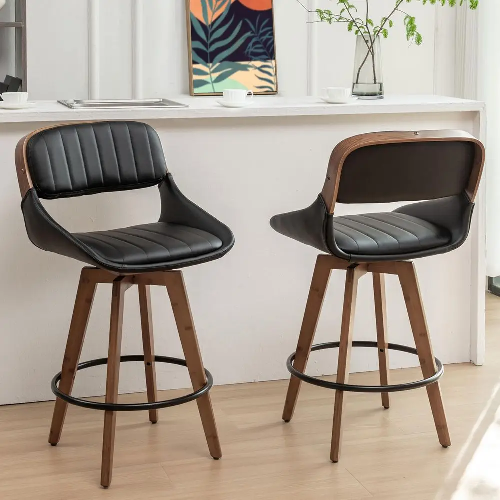 

of 2 Mid Century Counter Stools 26.4 inch Swivel CounterStools with Upholstered Faux Leather, Walnut Crafts, Bamboo Legs, Kitch