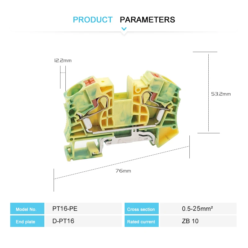 PT-16-PE Ground Modular Din Rail Terminal Block, 16mm² Electric Cable Wire Connector, Grounding Push-in Terminals PT16