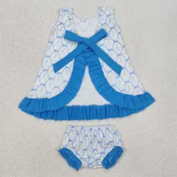 Wholesale Kid Infant Floral Outfit Children Sleeveless Blue Bows Flower Bummie Ruffle Shorts Baby Girl Toddler Set Clothing