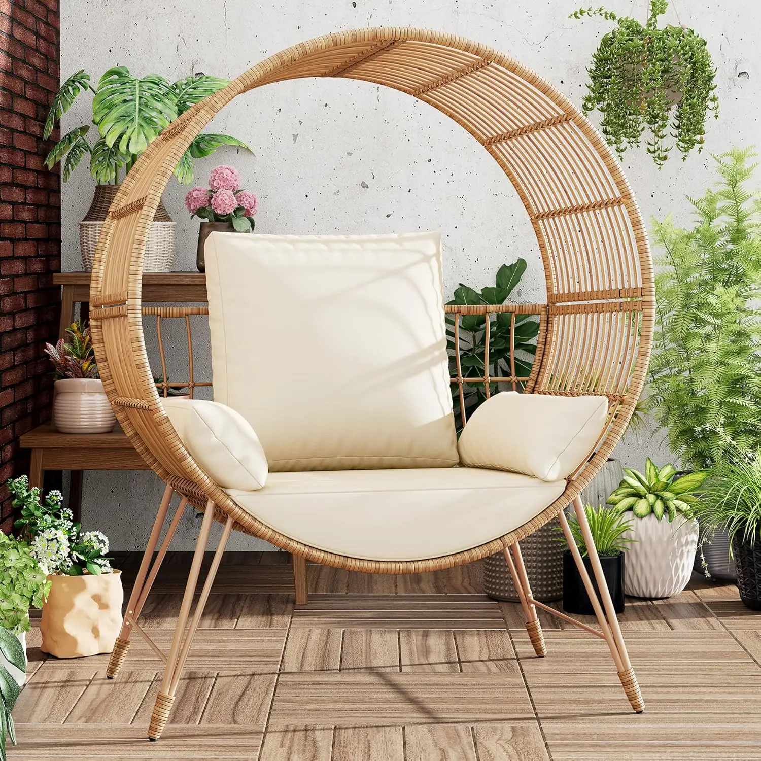 Egg Chair Outdoor, Oversized Wicker Patio Chairs with 350LBS Capacity, Rattan Porch Chair, 6.69'' Cushions for Living Room