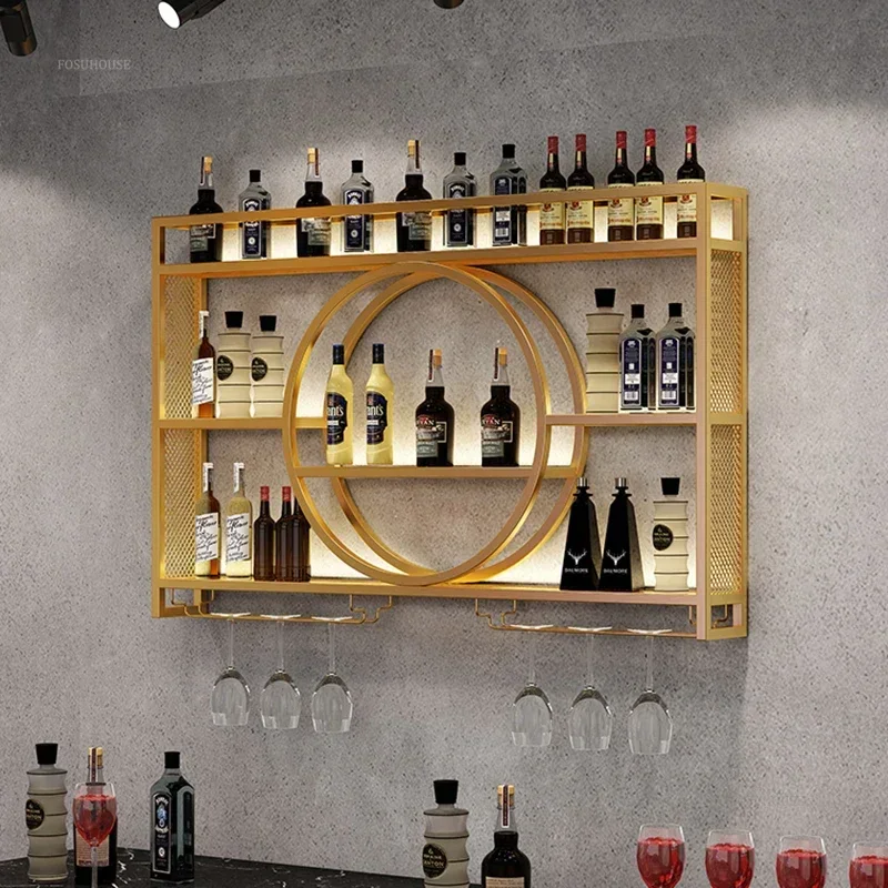 Simple Iron Wine Rack for Cafe Upside Down Wine Glass Wall Showcase Internet Celebrity Luminous Design Display Cabinet for Bar