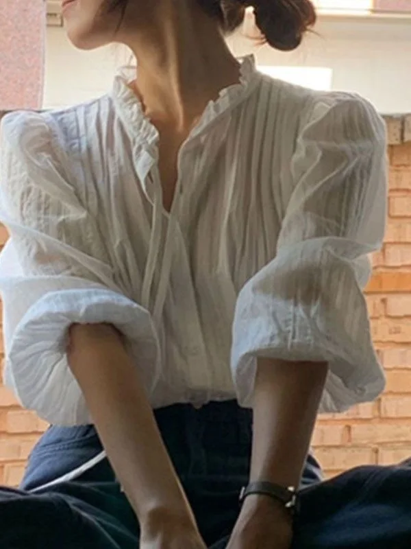 Loose Fairy Tale White Long Sleeve Women's Shirt Spring Autumn New Style Gentle Age Reduction Slimming Top Bubble Sleeve