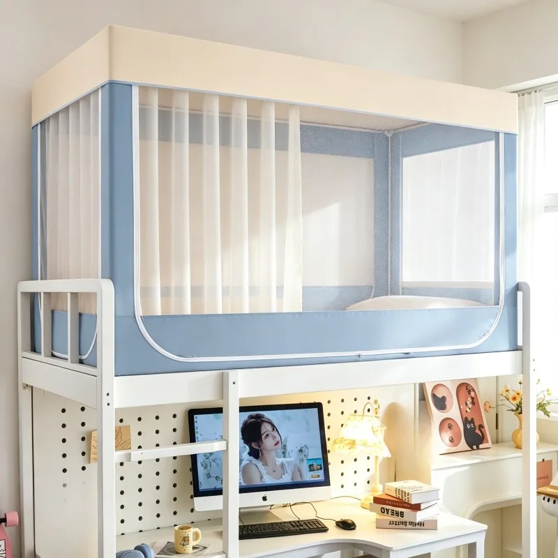 Blue Cartoon Bed Canopy – Double Layer Blackout, Front Door, Fits Bunk Beds, Privacy & Mosquito Protection