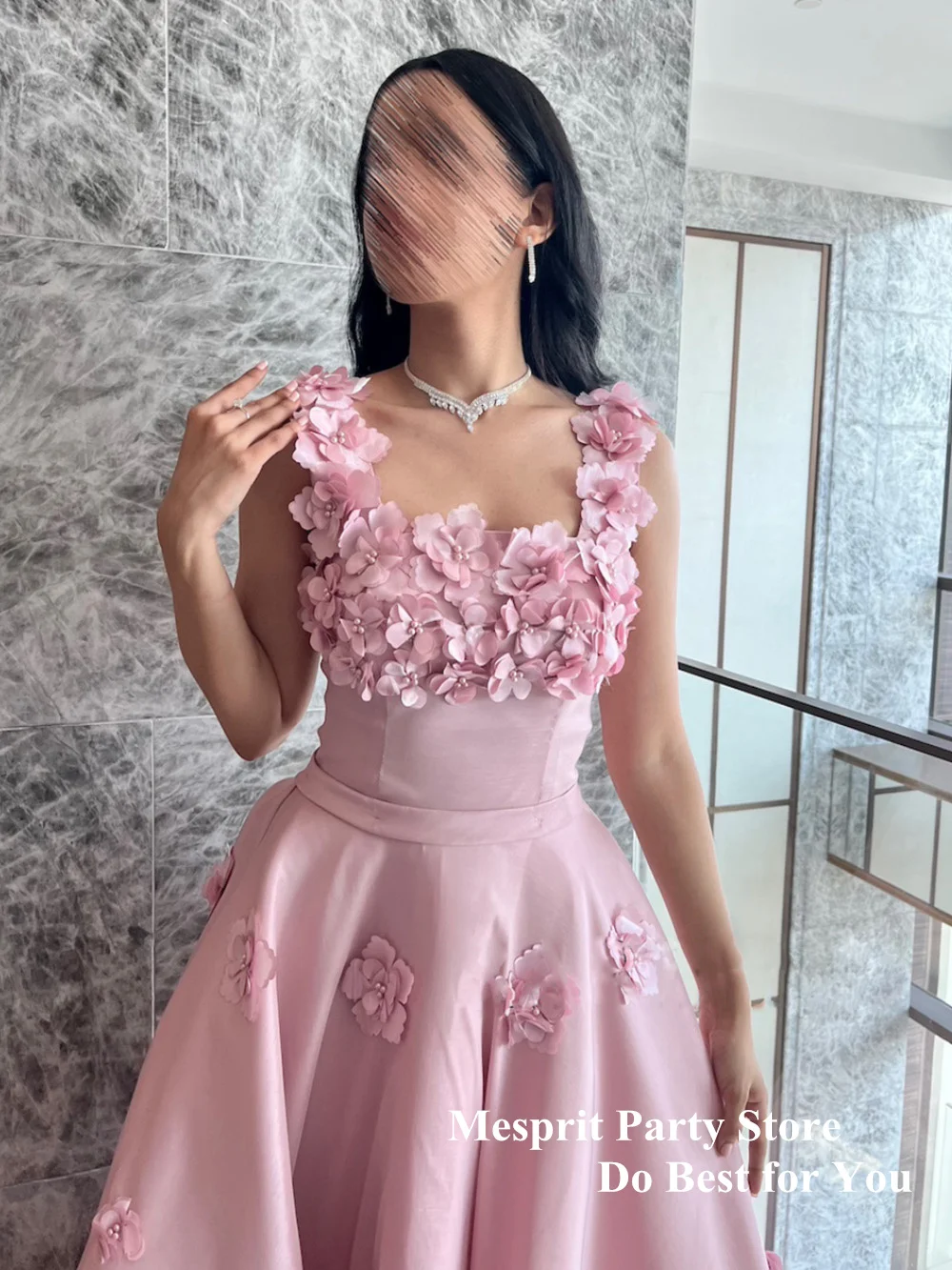 Vestido rosa com flores e pérolas 3D, vestido de baile formal, sem mangas, pescoço quadrado, comprimento do tornozelo, cetim, vestido de festa, moda