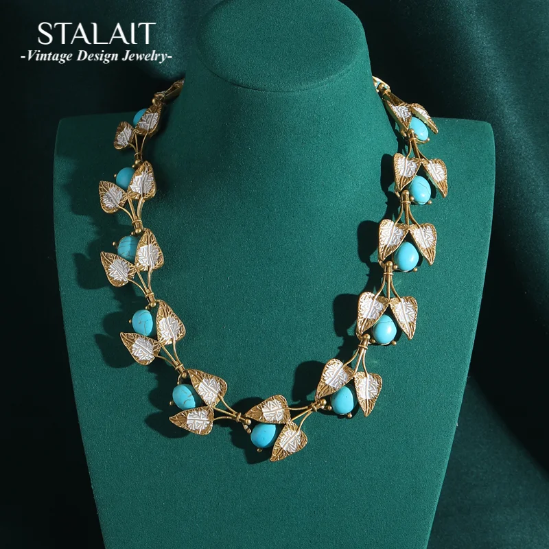 

Vintage Turquoise Necklaces Chokers Pink Rose Quartz Cherry Lotus Leaves Petals Antique Jewelry Gold Color For Women Bohemian