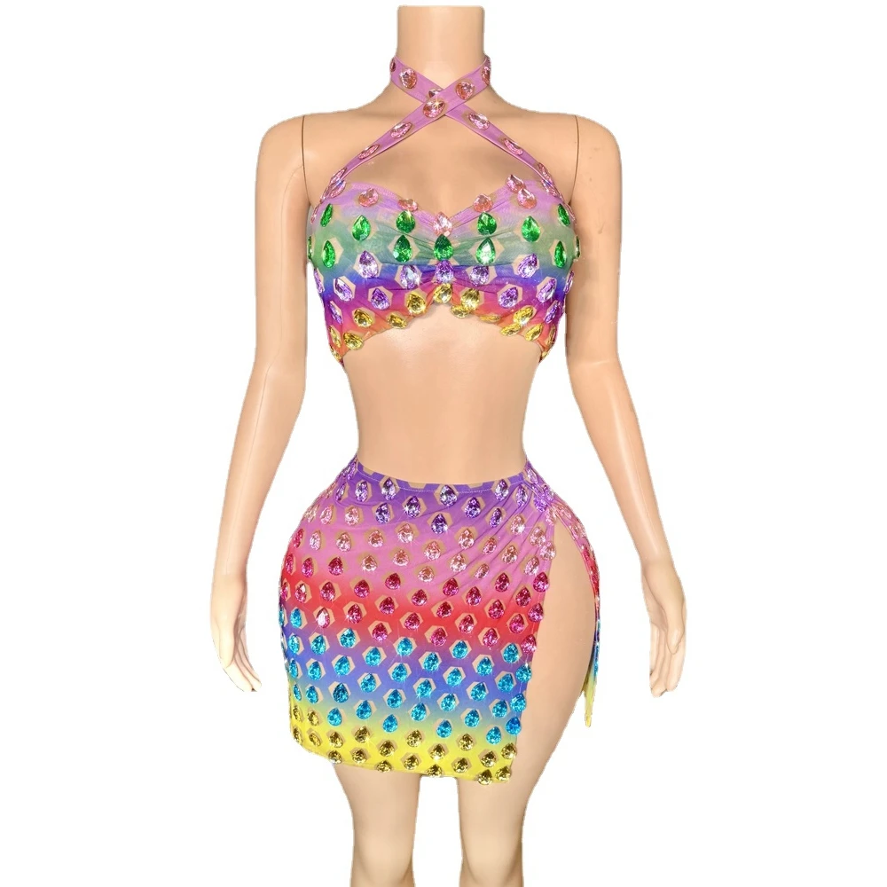 Sexy Avondverjaardag Viert Kleurrijke Strass Crop Top Rok Twee Stukken Set Sprankelende Uitvoering Danskostuum Toneelkleding