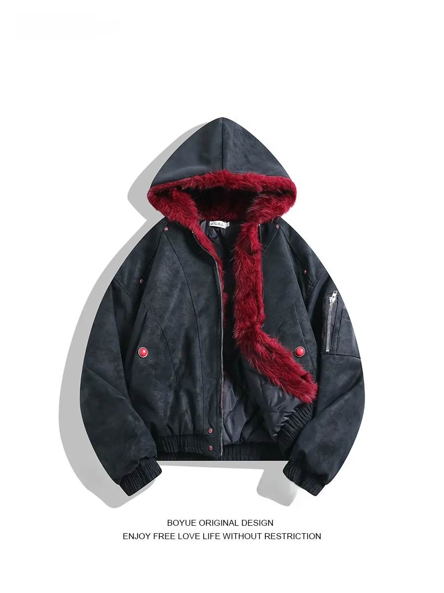 

Boyue American Rustic k Eagle Hooded Jaet Thiened PU Leather Cotton Coat Men's Youth Faion Warm Long Sve Zipper C...