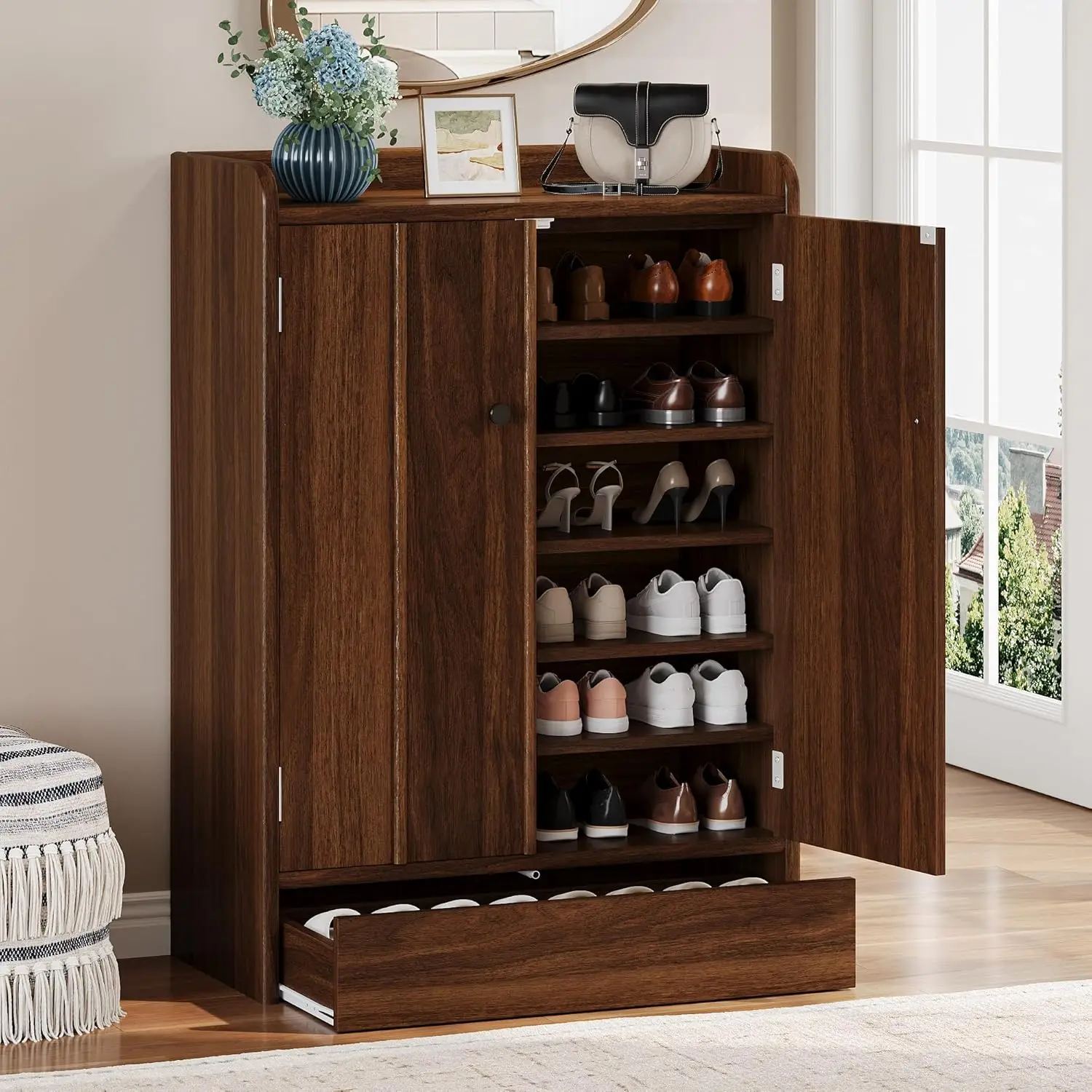 6-Tier Shoe Cabinet with Drawer, 47” Tall Large Shoe Storage Cabinet with Doors & Adjustable Shelves, Freestanding, Customized
