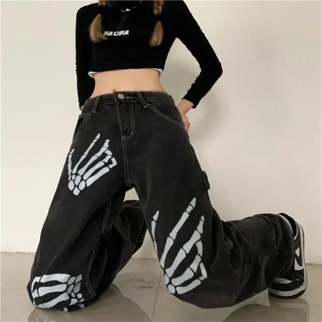 Najlepiej sprzedające się Retro ręka z czaszką dżinsy Streetwear Baggy Slouchy Jeans odzież damska Y2k wysokiej jakości luźna prosta szeroka nogawka