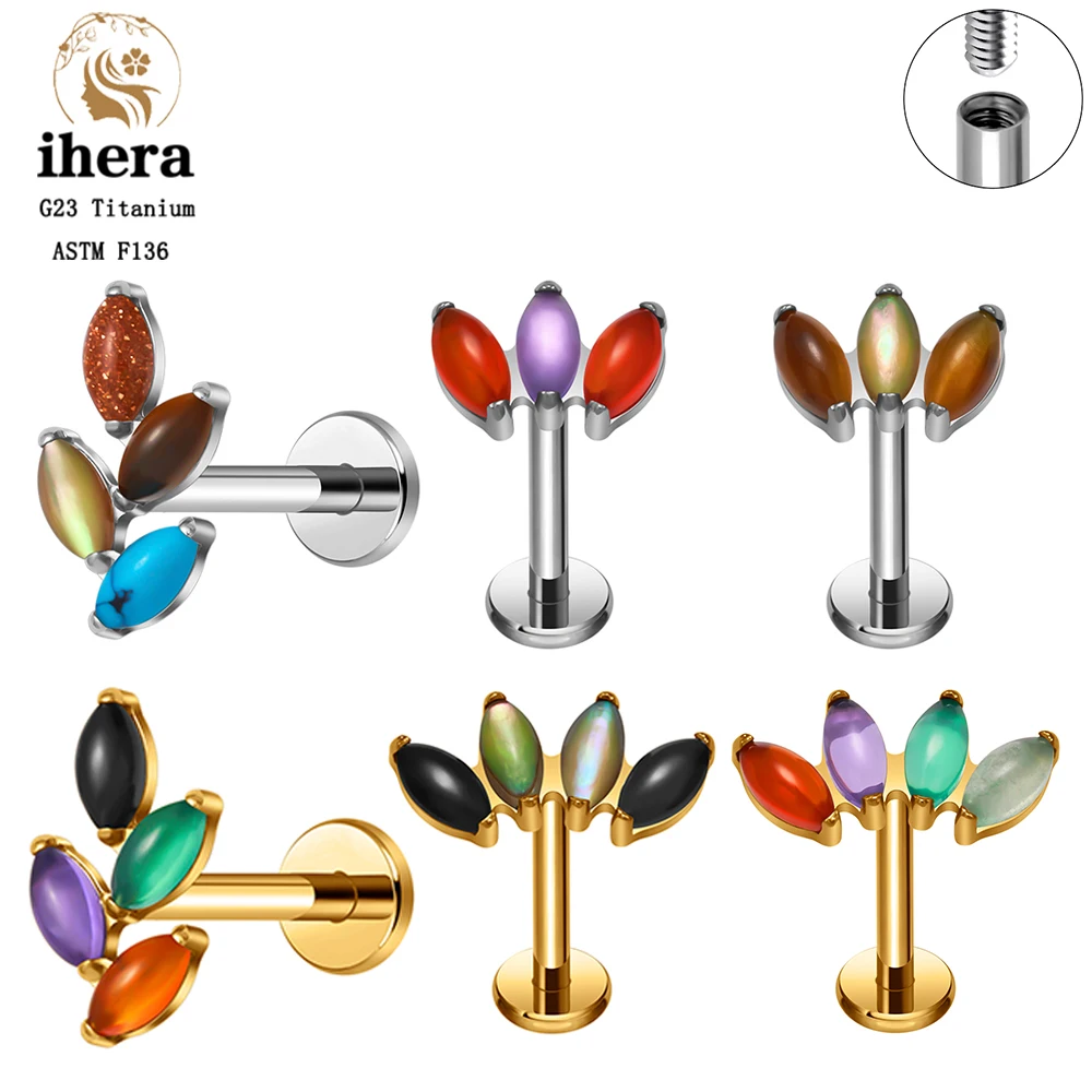 

ASTM F136 Titanium Ear Stud 16G Marquise Natural Stone Leaf Shaped Earring Helix Conch Cartilage Tragus Labret Piercing Jewelry
