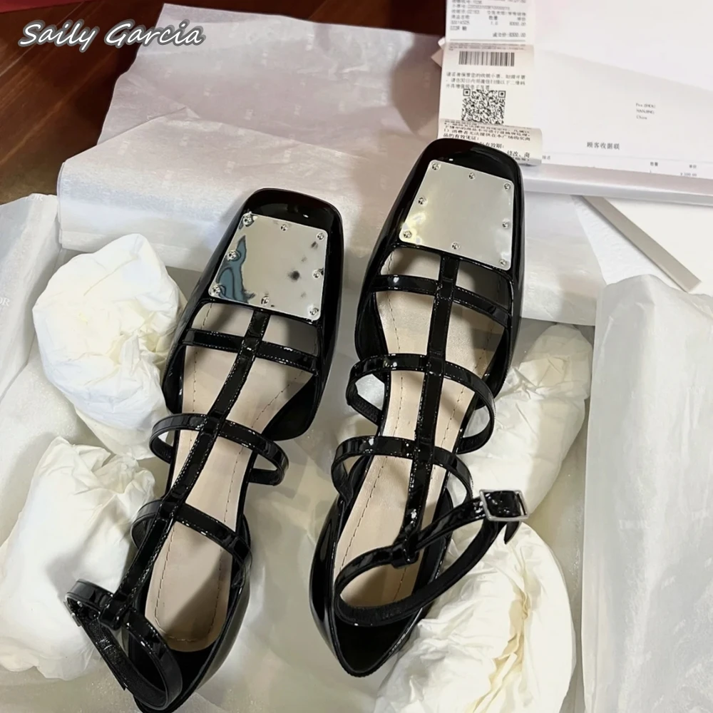 Genuine Leather Belt Buckle Strap Mid Heel Pumps 2024 Summer NEW Metal Heel Casual Sandals Square Toe Sheepskin Insole Shoes