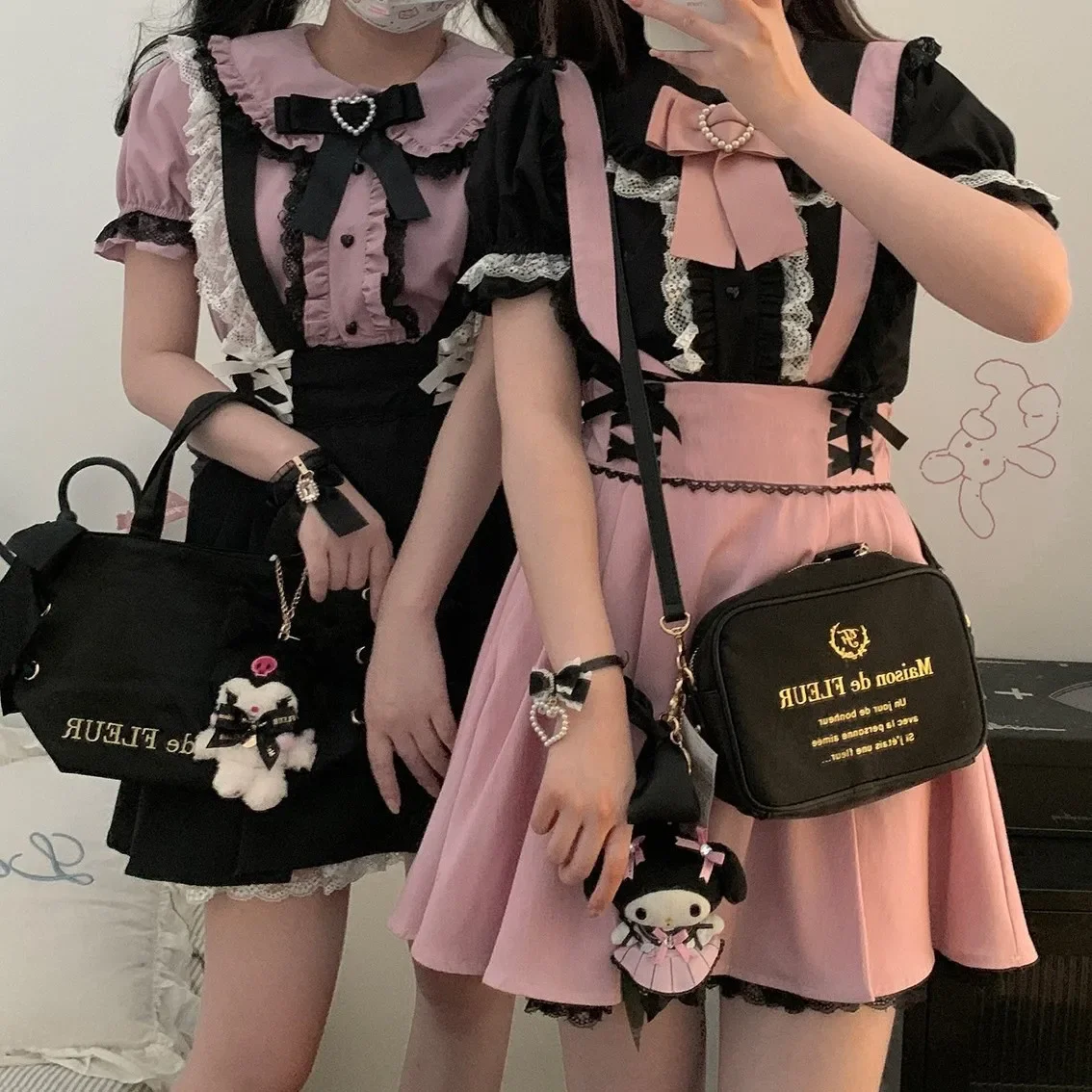 Japanese Sweet Black Lolita Shirts Woman Summer Cute Short Puff Sleeve Tops Kawaii Ruffles Lace Bow Blouses Chiffon Blusa Mujer