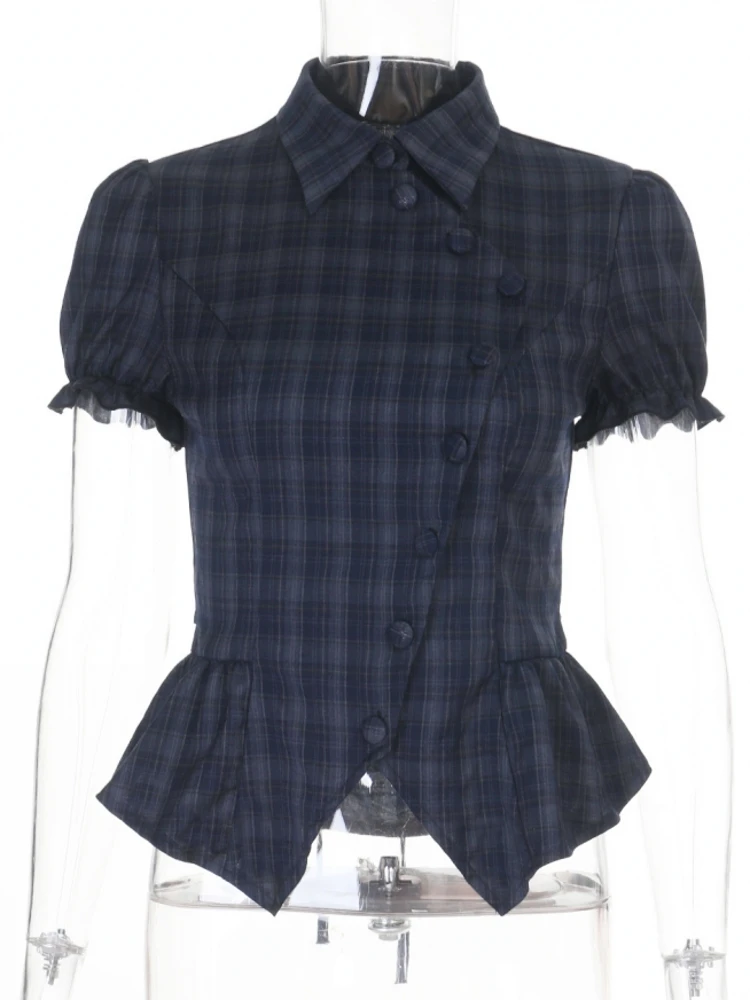 Blusa de Mujer Estilo Gótico con Cuadros, Blusa de Verano de Manga Corta, Camisa Elegante Gótica para el Trabajo, Blusas Mujer de Moda