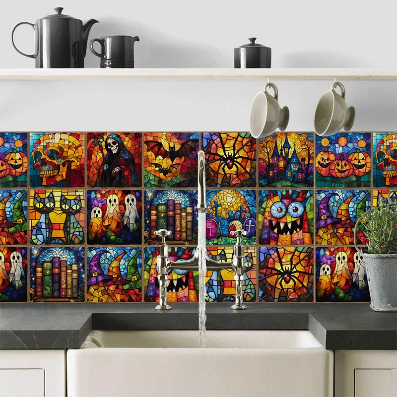 24PCS/Set Self Adhesive All Saints' Day Stamp Themed DIY Wall Tile Stickers For Kitchen Cupboard Bathroom Waterproof Wallpaper