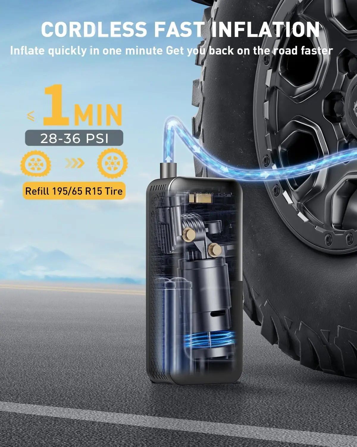 Tire Inflator Portable Air Compressor - Faster Inflation 150PSI & 5000mAh Cordless Portable Air Pump, Accurate Pressure LCD Dis