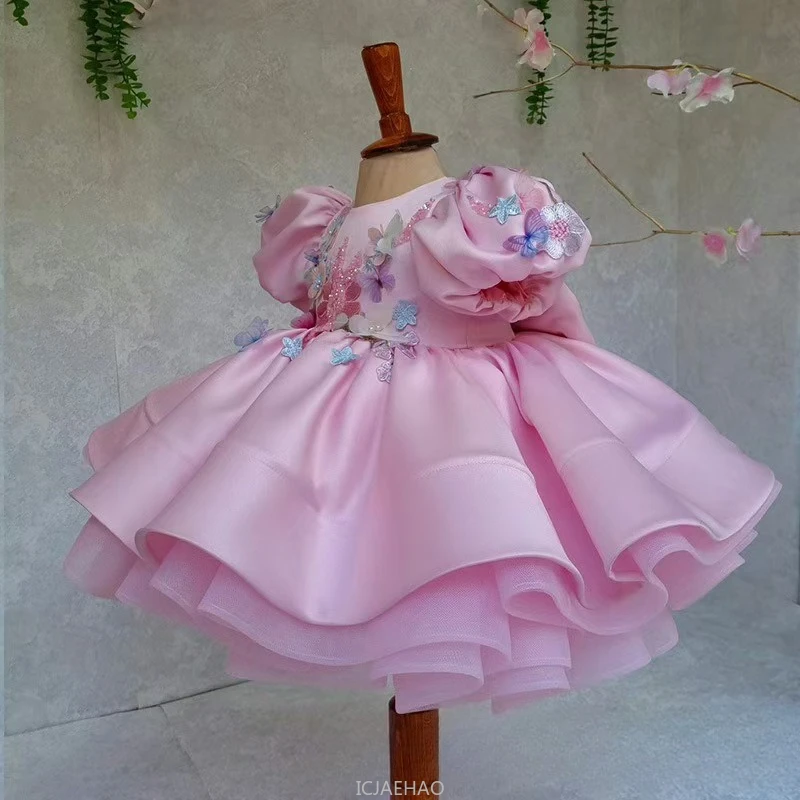 

New Kids Satin Dress Bubble Sleeves Princess 1st Birthday Performance GirlsPageant Wedding Guest Evening Formal Outfit Toddler