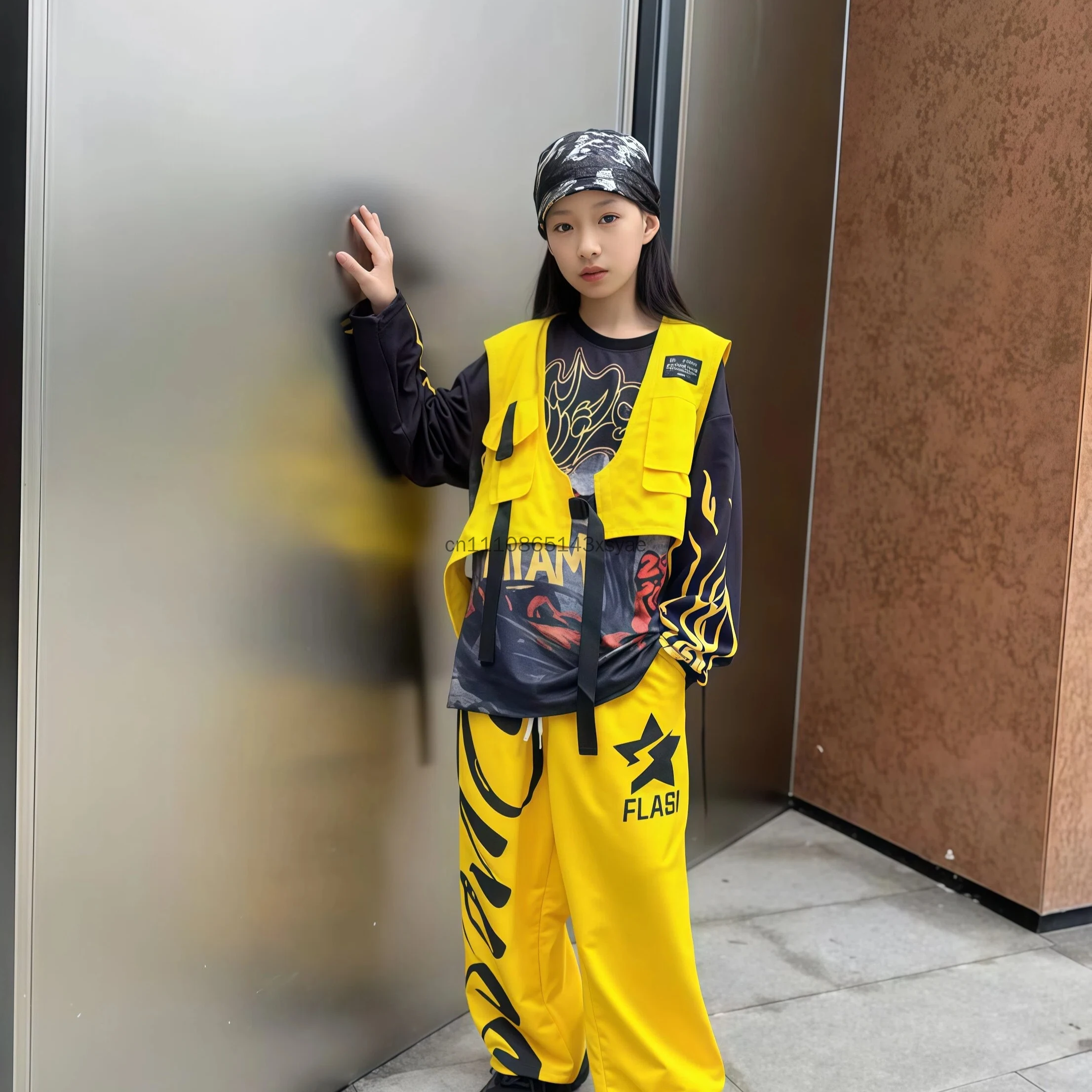 

Girls K-pop Vest Sweatshirt Yellow Pants Sets Hip Hop Jazz Street Dance Costume Kids Group Streetwear Stage Performance Outfit