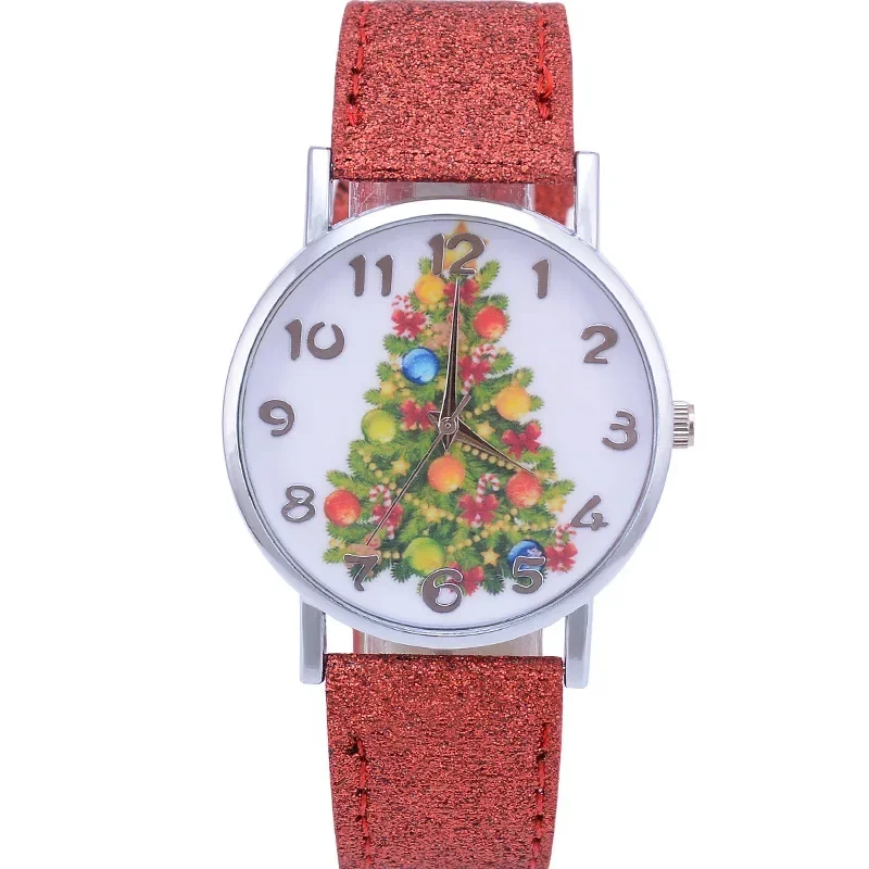 Relojes de pulsera de cuarzo informales con árbol de Navidad para Mujer, relojes con correa de cuero de Color brillante, Reloj bonito para Mujer, Reloj de regalo para Mujer