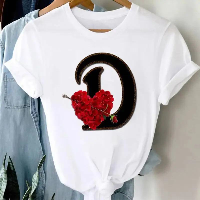 เสื้อยืดผู้หญิง รุ่น T 2021 ทรงโอเวอร์ไซส์ แฟชั่นสนุกๆ สไตล์เรโทร ลายตัวอักษรและดอกกุหลาบ คอกลม สีขาว เสื้อยืดผู้หญิง ไซส์ใหญ่พิเศษ XXXL